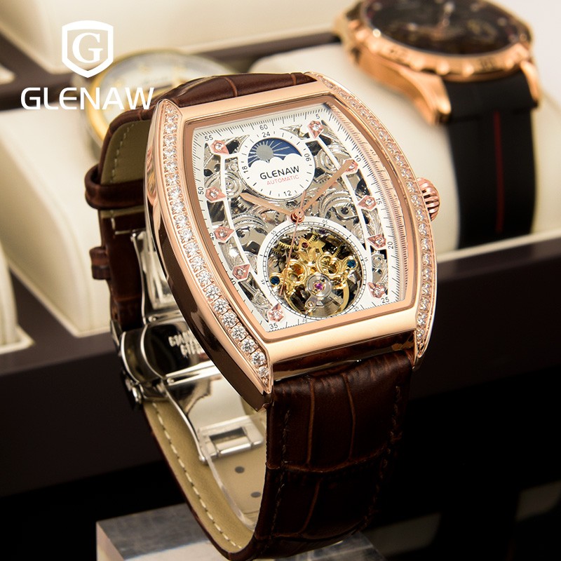 格伦酒桶型手表男士全自动机械表镂空时尚陀飞轮商务休闲防水腕表运动