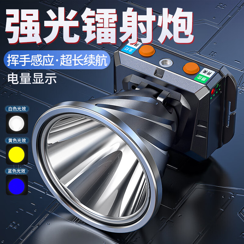 微笑鲨头灯强光超长续航充电超亮感应头戴式户外大功率工作疝气夜钓矿灯 挥手感应/远射+泛光一体 M60灯芯+泛光LED灯芯