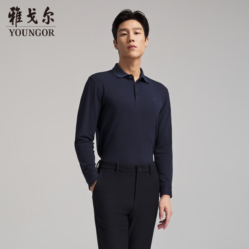 雅戈尔 T恤男士 2024秋冬季青年男士商务休闲长袖POLO衫 藏青 M
