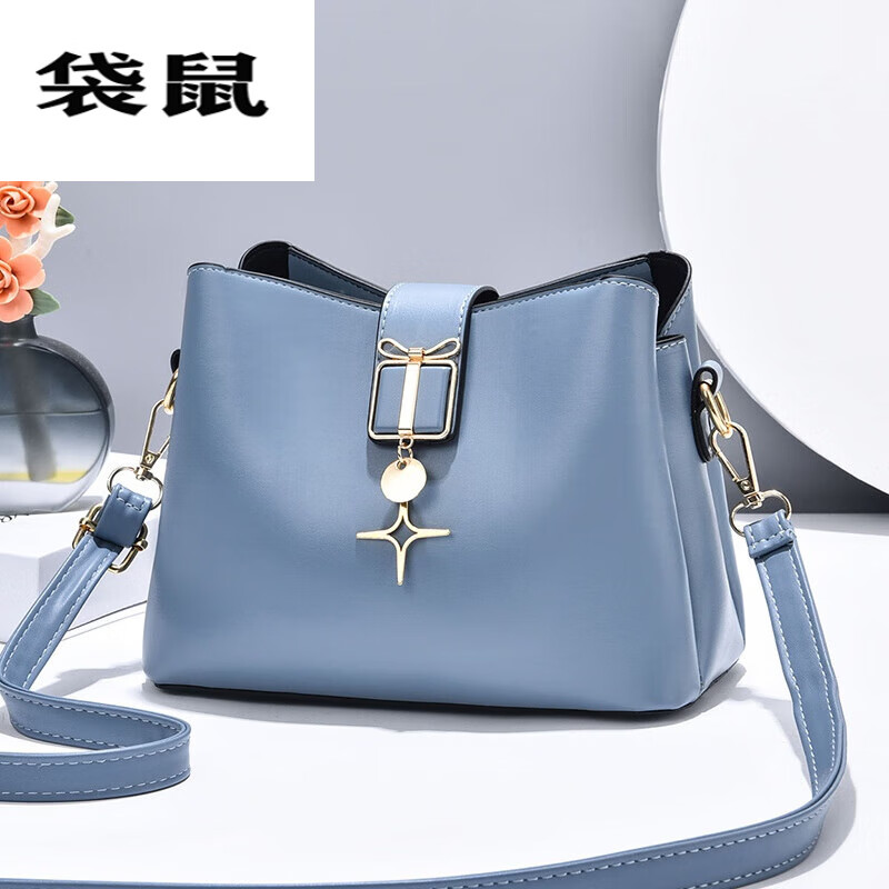 袋鼠水桶包女潮时尚大容量斜挎包软皮洋气单肩包 深蓝色