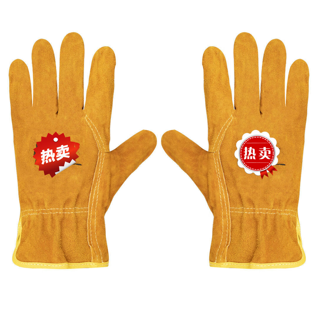 防火线牛皮焊工手套短款牛皮耐磨防烫电焊劳保批发男 防火线缝制 黄色