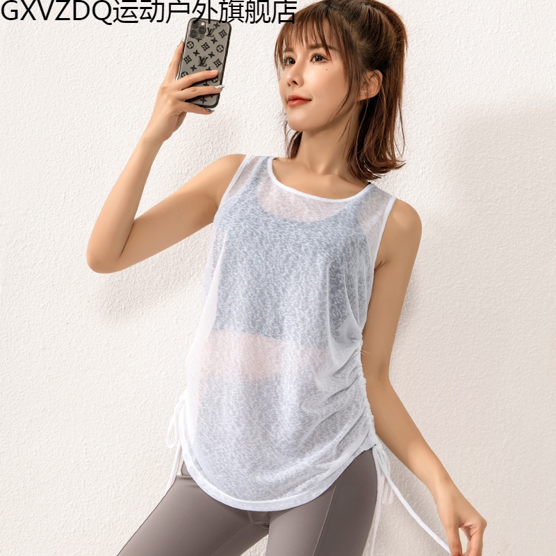 vzdq无袖网纱健身背心跑步宽松速干透气瑜伽上衣半透明性感运动罩衫女