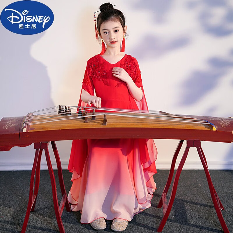 迪士尼（Disney）儿童古筝演奏比赛演出服女中大童超仙原创古典汉服超仙水袖表演服 红色 简便红 140cm