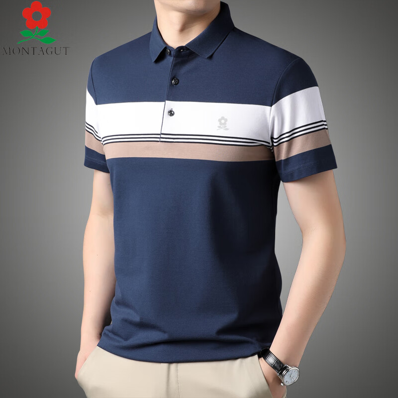梦特娇男装短袖t恤男士夏季翻领棉舒适条纹休闲polot恤 33702蓝色 190