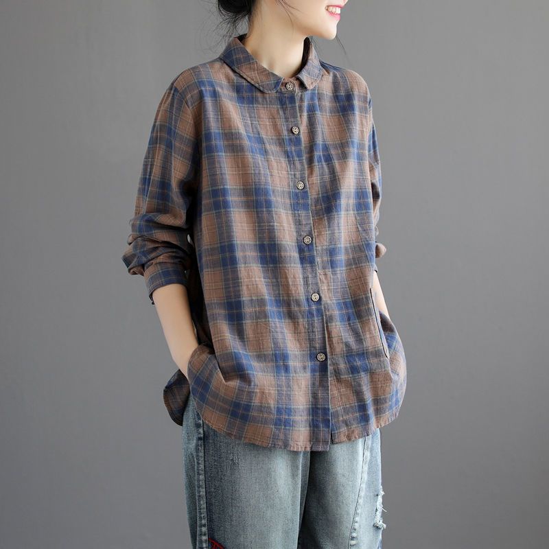 浪子闲话【特价捡漏】高档轻奢品牌意大利品牌这款女装秋季新款宽松棉麻格子衬衫女长袖复古女士上衣 咖格(少量现) XL 建议130-145