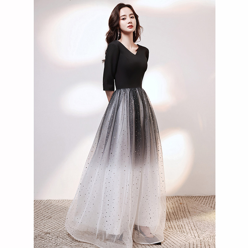 丽佰昕黑色晚礼服裙女宴会气质法式星空渐变长裙合唱团演出服主持人