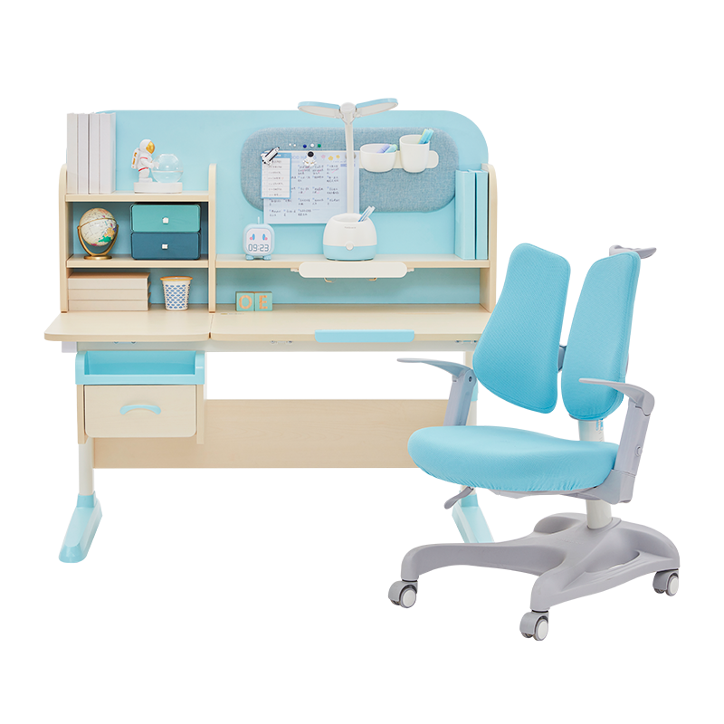 【金榜金奖好物】护童儿童学习桌椅 可升降调节学生写字书桌套装 中小学生多功能阅读桌 小布丁PRO桌椅 习惯星伴读款1米2桌_蓝+扶手学习椅蓝