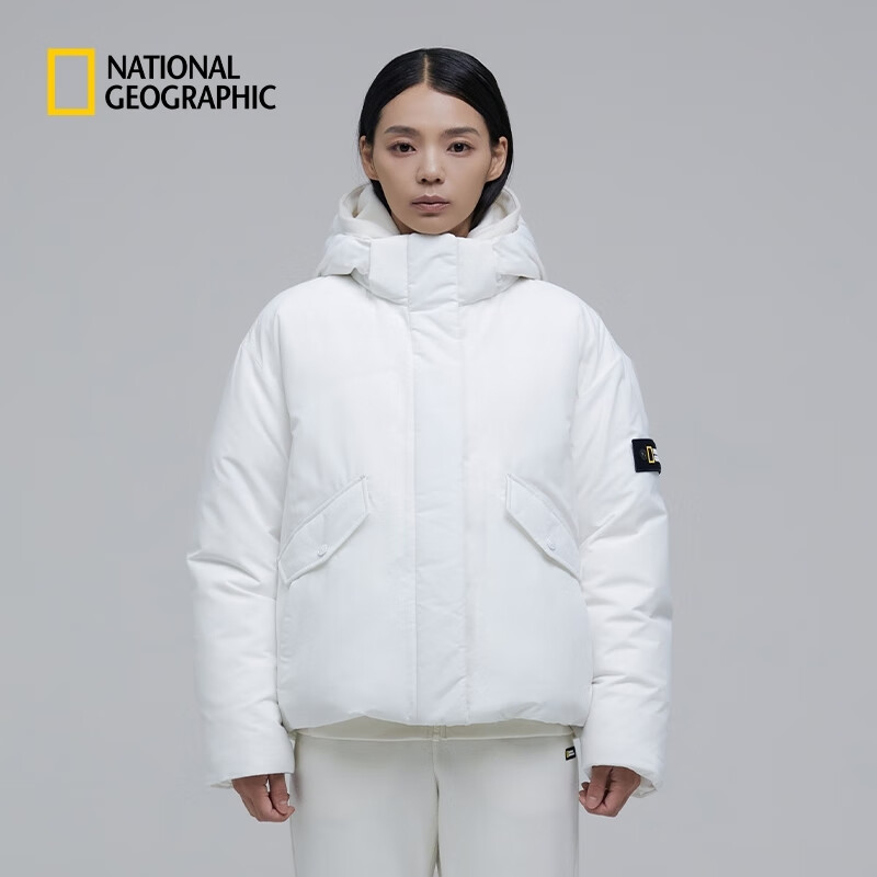 国家地理（National Geographic）女士冬季保暖高蓬松鹅绒下摆抽绳可拆卸连帽短款羽绒服 象牙白IVORY XS