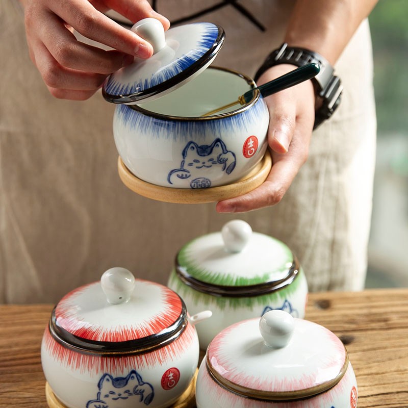 和风四季釉下彩调味罐复古盐罐油罐厨房调料罐调料盒陶瓷辣椒罐猪油罐炖盅 黄色招财猫大号调味罐550ml配勺