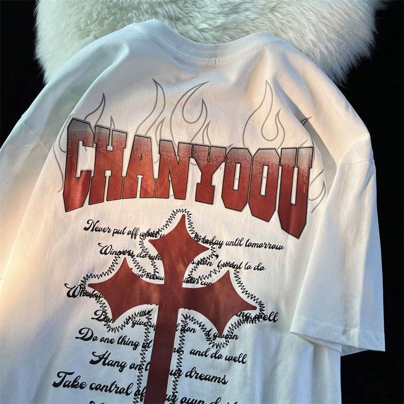 纯棉夏季美式火焰十字架短袖t恤男宽松百搭ins街头风半袖上衣 白色 m