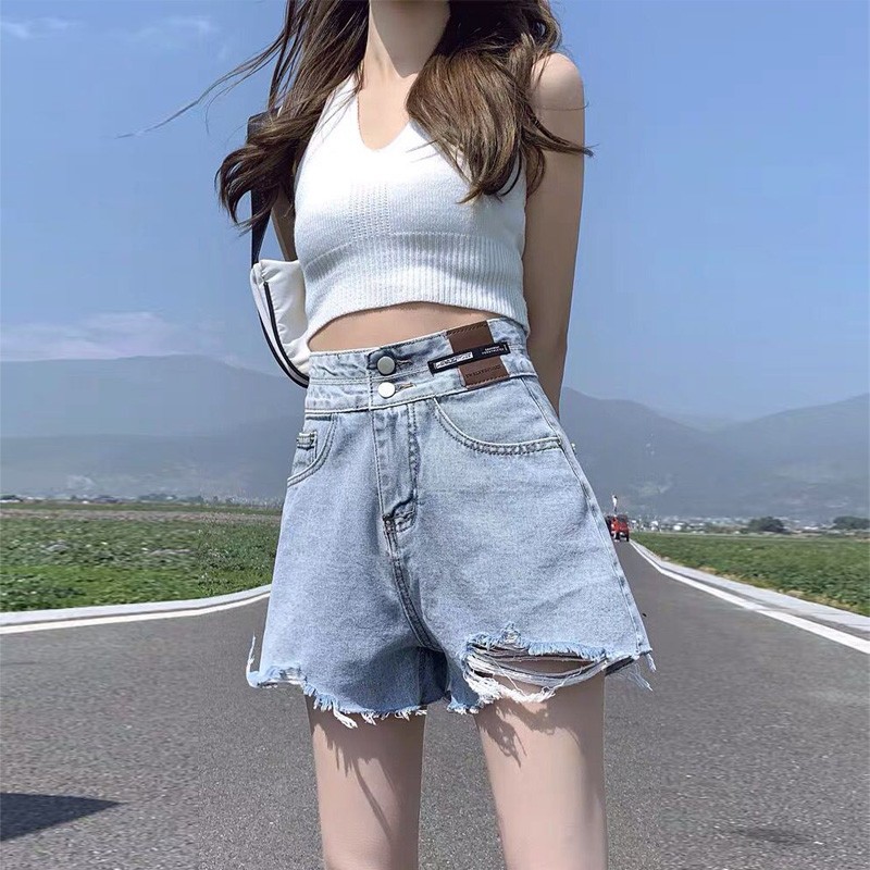 夏季薄款女装新款浅色破洞显瘦百搭a字辣妹直筒阔腿ins超短裤热裤子潮