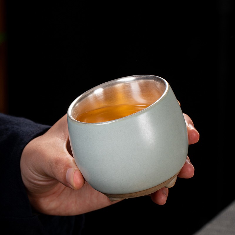 汝道 汝窑茶杯大号主人杯冰裂陶瓷功夫茶具单杯鎏银牛肖杯可养开片汝瓷品茗杯创艺复古牛杯子礼盒装 汝窑【牛转乾坤】单杯190ml
