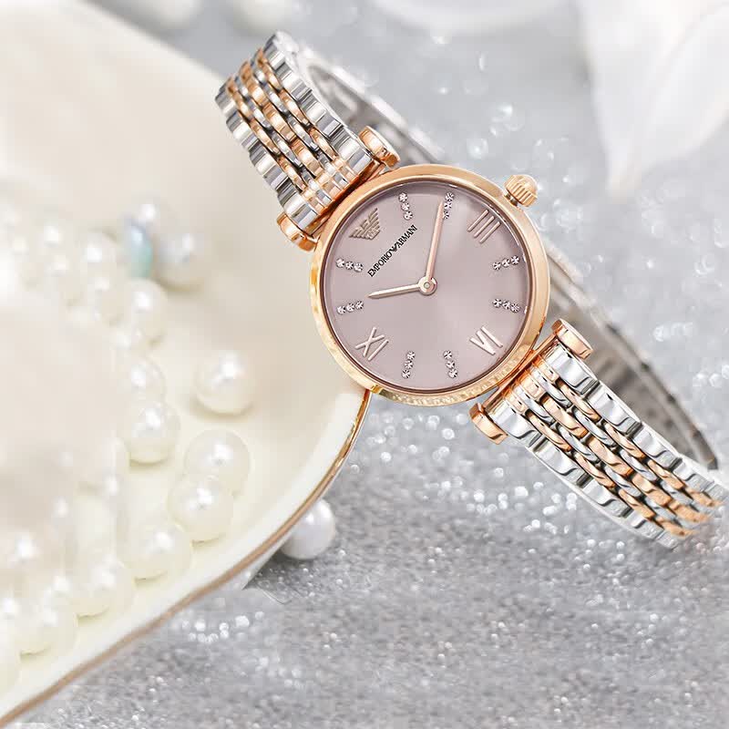 EMPORIO ARMANI 阿玛尼玫瑰小圆盘镶钻生日520情人节礼物送女友电子女表名表 【28MM】香槟金钢带 AR11223