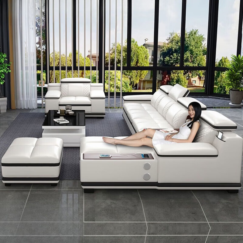 简约典2026新款沙发客厅头层牛皮简约现代大小户型轻奢皮艺贵妃组合沙发 单人+双人+贵妃+边几[中厚皮] 米白色+黑边[沙发左贵妃方向]