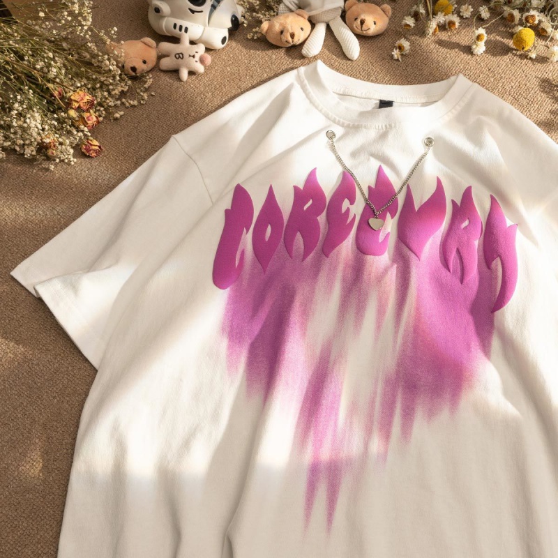 lanweifeilei复古火焰爱心短袖t恤女夏季宽松渐变牌嘻哈字母上衣 白色