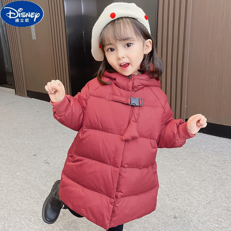 迪士尼（Disney）童装女童羽绒服中长款2025新款洋气儿童小童宝宝冬装女孩加厚外套 酒红色 90cm