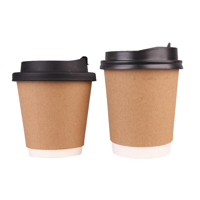 可滋一次性咖啡杯带盖商用家加厚热饮外带防烫双层牛皮纸奶茶杯子 280ml牛皮纸双层杯+白盖贴纸25套 25只 25只