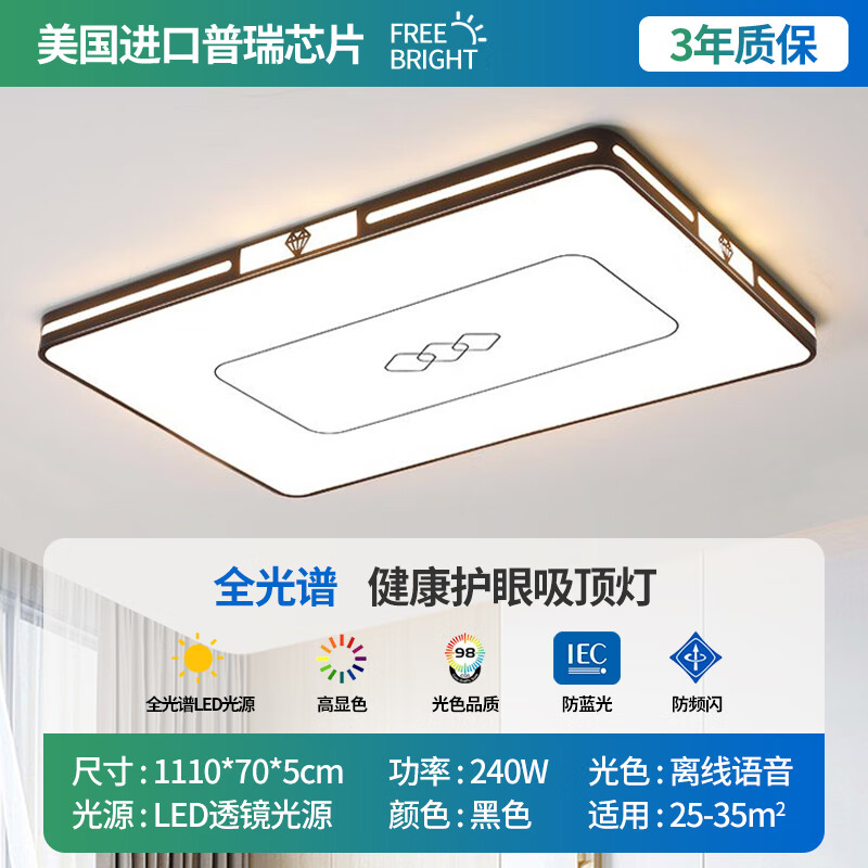 SUOYADA中山燈具2024新款客廳主燈簡約現代大氣led吸頂燈全屋套餐組合 黑鉆石鏤空110*70離線語音
