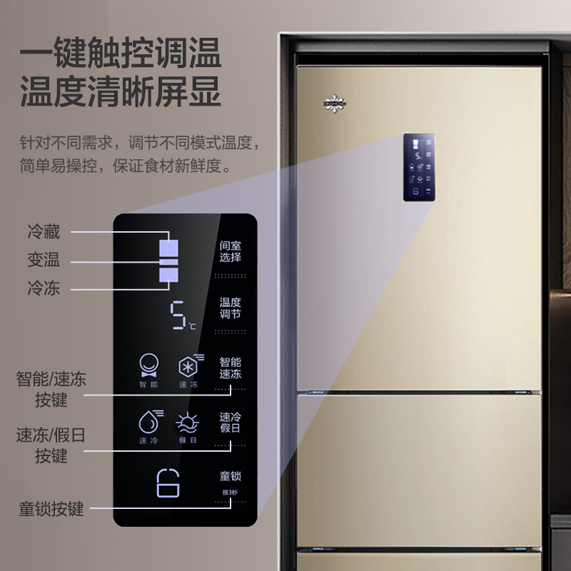 格力（GREE）晶弘225升三开门风冷无霜冰箱迷你小型家用宿舍出租房屋三门大冷冻节能低噪离子净味电冰箱 BCD-225WETC/时代金