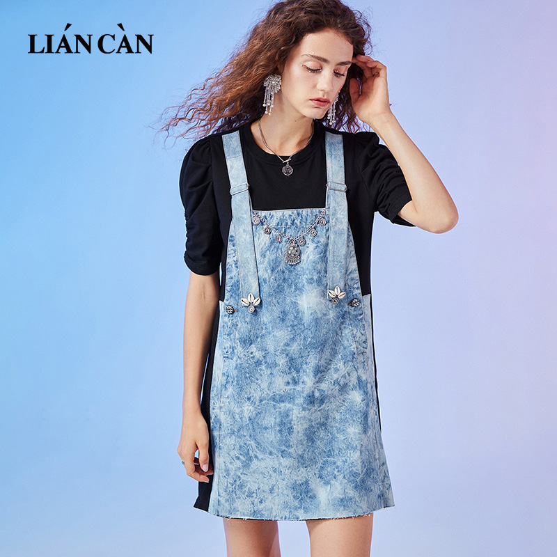 莲灿2023秋季新款设计感拼接休闲减龄牛仔背带裙t恤连衣裙 蓝黑 s