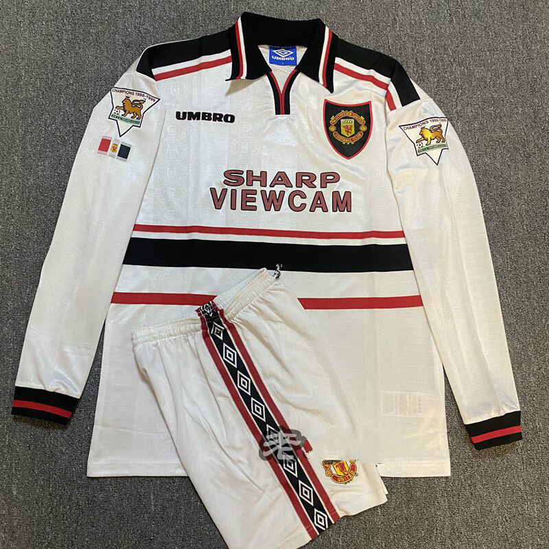 oimg运动套装98/99复古曼联球衣红魔客场白色队服贝克汉姆足球服 短袖