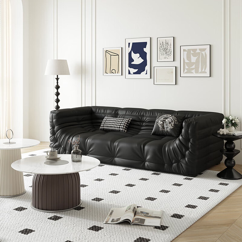 法式复古沙发现代简约黑色三人直排纳帕皮沙发可躺可睡ins风 双人位【1.75米】 超纤皮 海绵