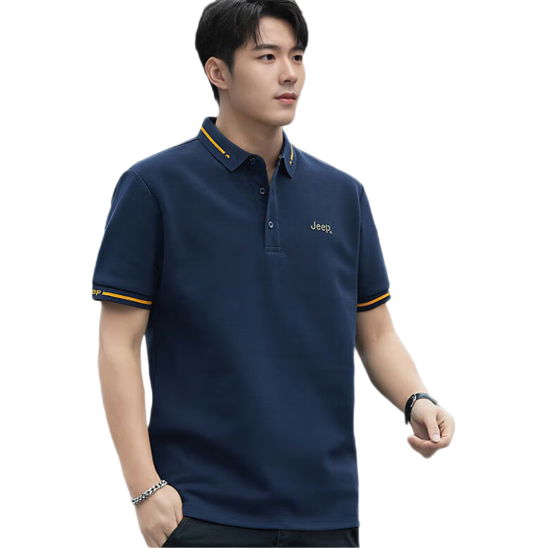 吉普（JEEP）短袖T恤男夏季Polo商務(wù)休閑衫男士寬松涼感衣服男裝 寶藍(lán)  2XL