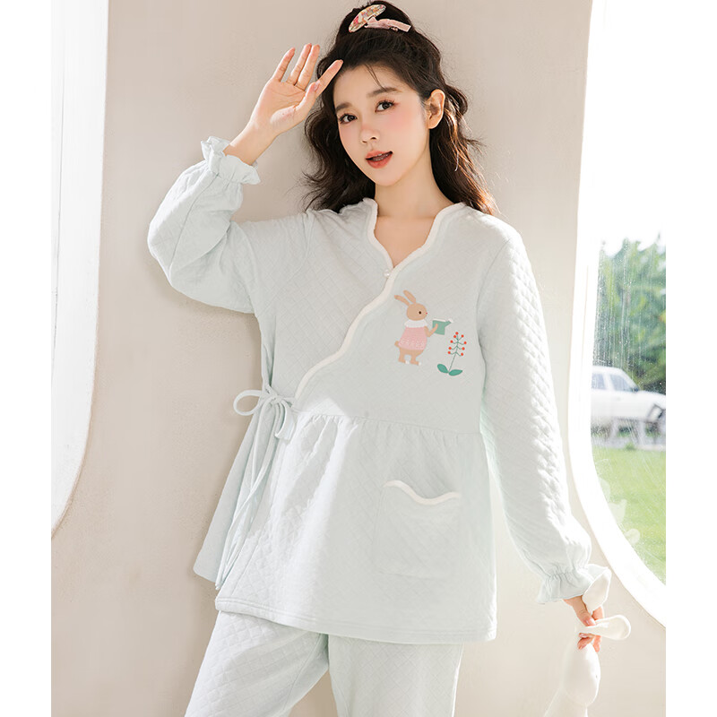 家の时光月子服秋冬12月份保暖空气棉产后孕妇哺乳睡衣冬天产妇待产家居服 (娇花小兔)海蓝 XL码 【推荐145-160斤左右】