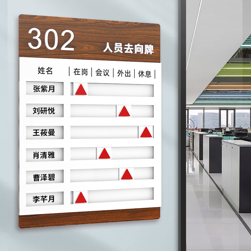 飞雪人 办公室人员去向牌立体木纹工作岗指示牌事业单位标示告知牌