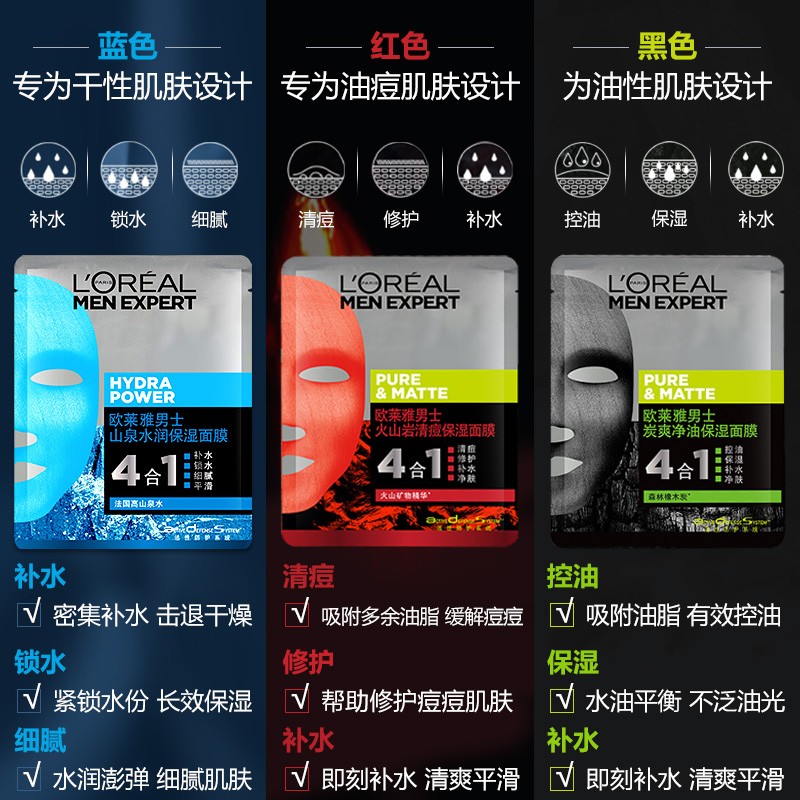 欧莱雅（LOREAL）男士面膜补水控油保湿抗黑头痘印收缩毛孔温和清洁护肤品面膜礼物 炭爽净油保湿面膜30ml*20片单片