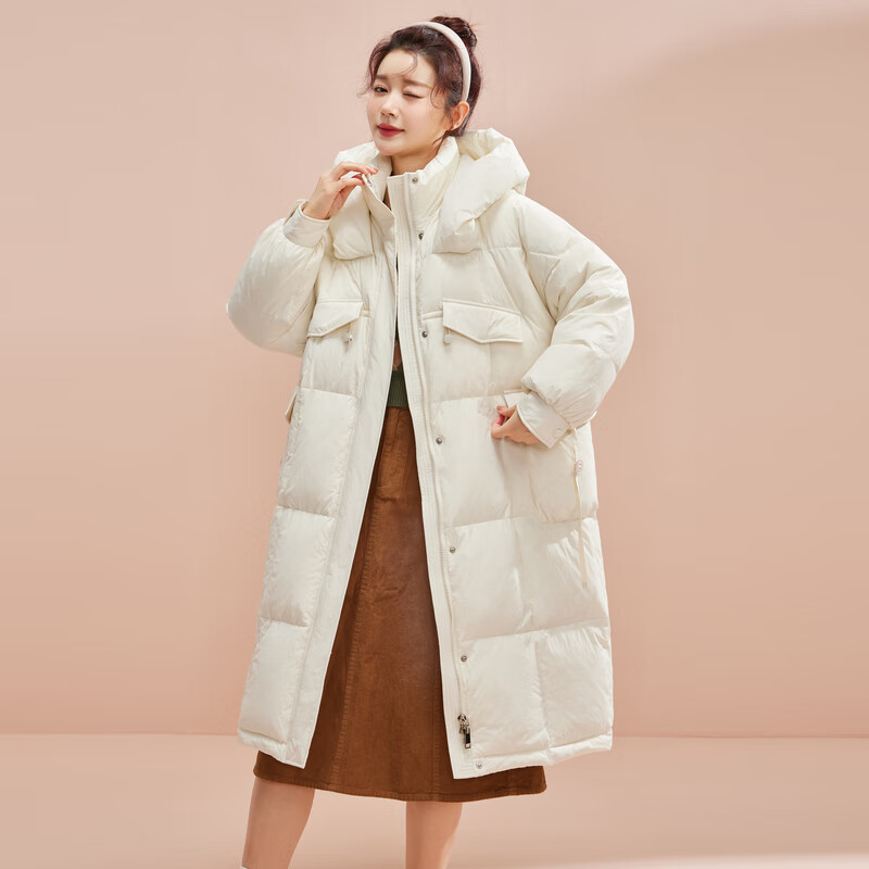 雪中飞秋冬新款女士时尚休闲防风抗寒连帽立领翻盖口袋设计长款羽绒服 米白|8011 M 165/88A