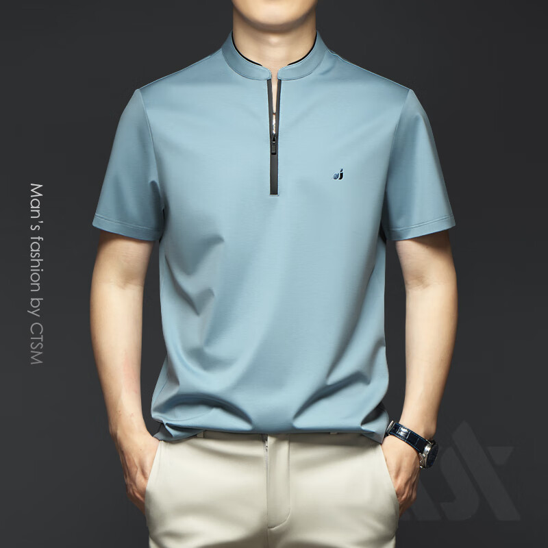 playyoung国际品牌男装夏季男士立领短袖t恤色刺绣商务休闲丝光棉棉