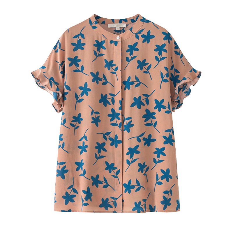 Asmolly時尚年輕款真絲短袖襯衣 新款印花桑蠶絲上衣襯衫女 優(yōu)雅印花 S 155