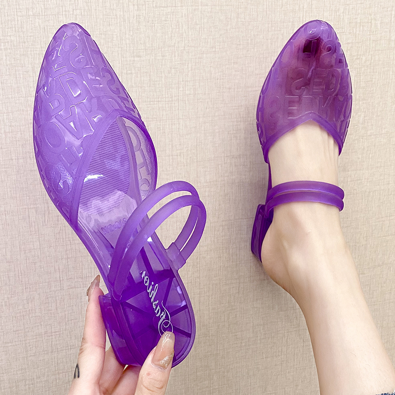 露脚趾头塑料凉鞋女平底韩版尖头夏季水晶果冻中跟时尚百搭两穿 紫色