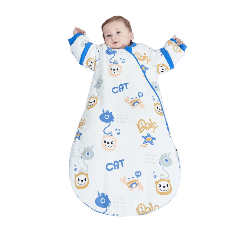 七彩博士婴儿睡袋秋冬季厚款恒温透气宝宝一体式防踢被惊跳新生儿童240g蓝