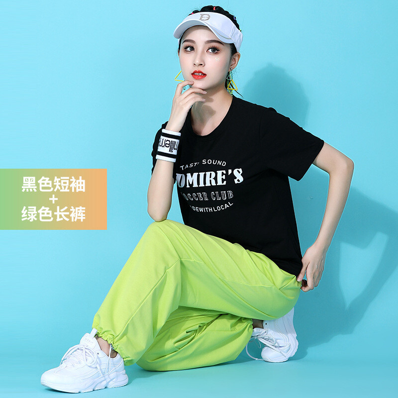 服装新款短袖运动服套装运动灯笼裤表演服健身鬼步舞服 黑色短袖 绿裤