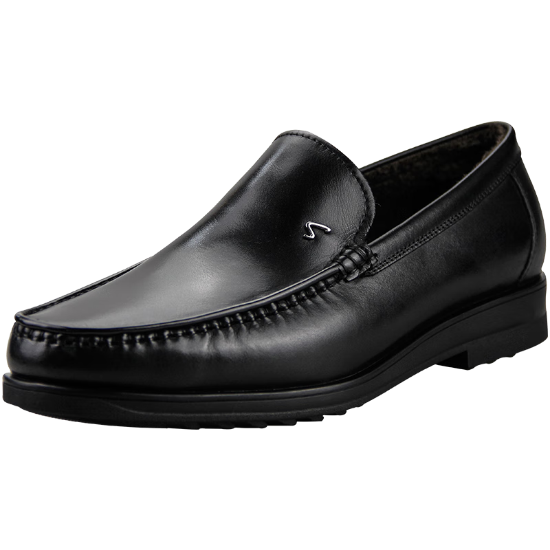 沙馳男鞋冬季加絨皮鞋男士牛皮英倫套腳商務休閑鞋保暖豆豆鞋男棉鞋 黑色 39歐碼偏大一碼