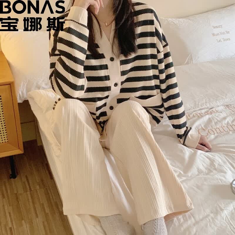 宝娜斯（BONAS）CC配饰春秋季女长袖长裤可爱学生宿舍颜值可爱 CQ-004黑白条纹 XL高性价比高么？