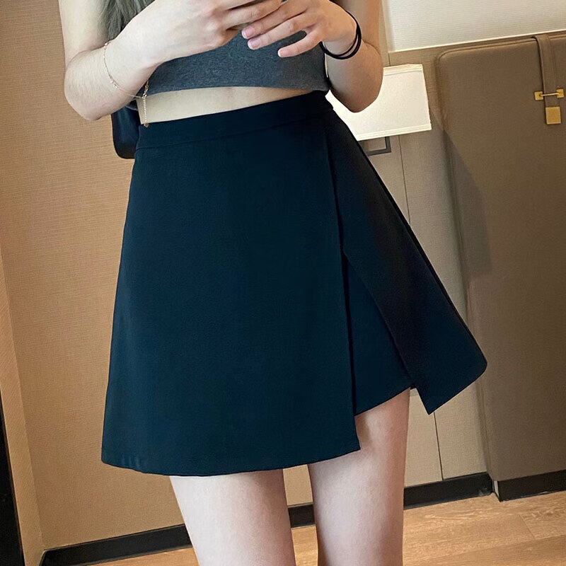 宝娜斯(BONAS)开叉半身裙女夏季2024新款设计感藏肉黑色显瘦高腰遮胯a字 黑色 M (适合90-105斤)