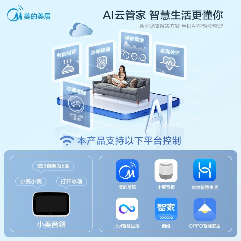 美的(Midea)215升变频一级能效三门家用冰箱风冷无霜小冰箱BCD-215WTPZM(E)中门智能家电节能低噪