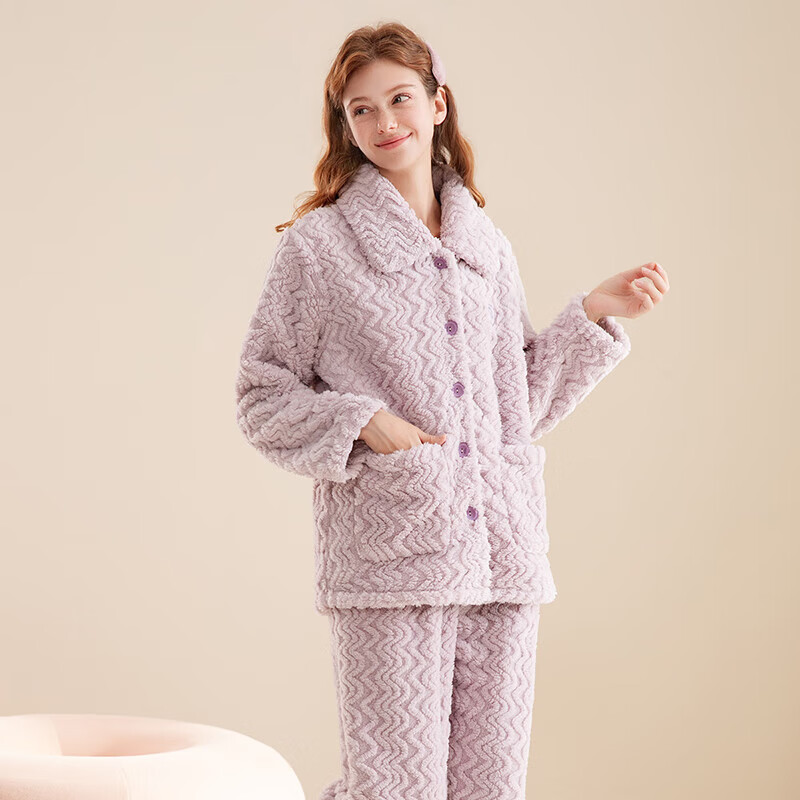 芬腾睡衣女【加厚暖绒】秋冬季少女感保暖翻领开衫长袖家居服套装 香芋紫 2XL