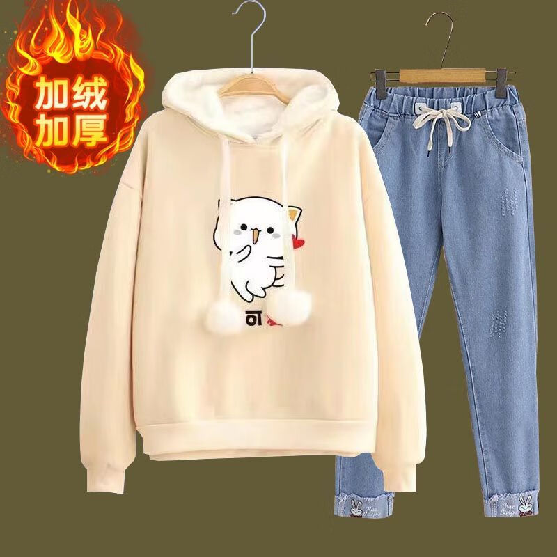 初中生少女生加绒卫衣套装女秋冬款中学生学院风1休闲洋气秋冬 小可爱