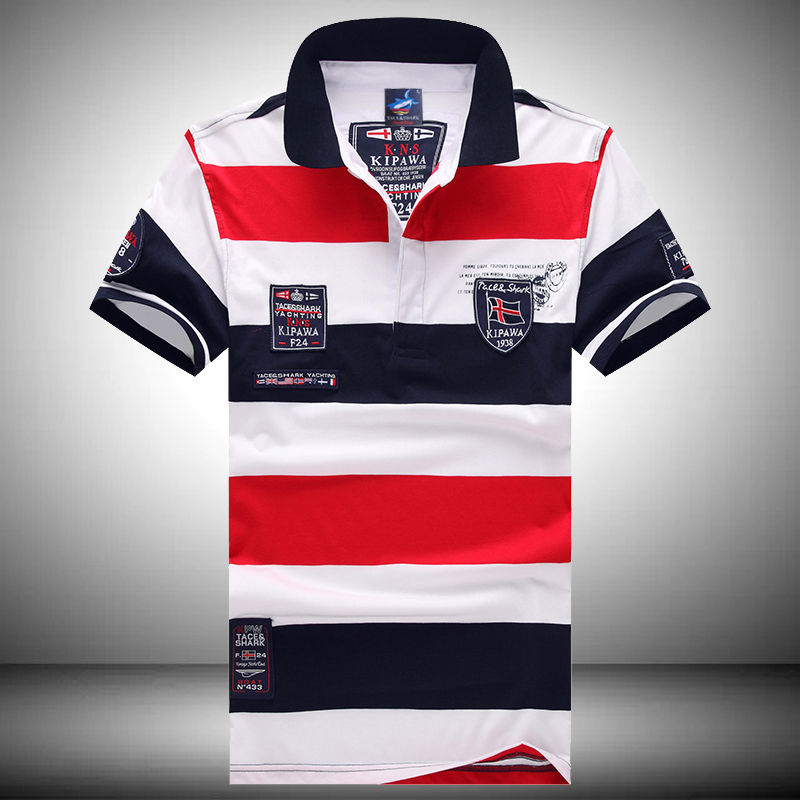 圣马奇保罗意大利鲨鱼短袖polo衫男夏季新款徽章刺绣潮流百搭条纹体恤