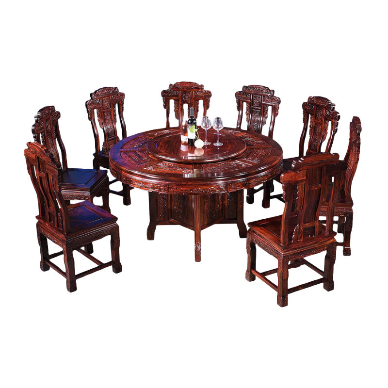 木中央 紅木家具印尼黑酸枝學(xué)名:闊葉黃檀圓桌 實(shí)木圓形餐桌椅組合 國(guó)色天香飯桌帶轉(zhuǎn)盤 1.5米圓桌+8椅雕花帶轉(zhuǎn)盤