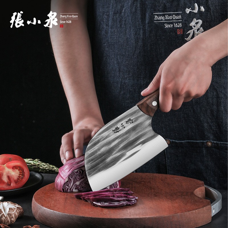 张小泉古法锻打系列不锈钢菜刀加厚圆头刀切菜刀胡桃木加固手柄切片刀 斩骨刀+切片刀组合