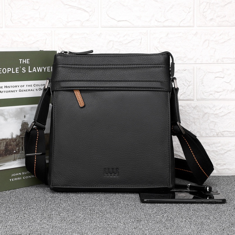 elle homme男士牛头层皮革单肩包青年商务休闲日字包男斜挎包 黑色