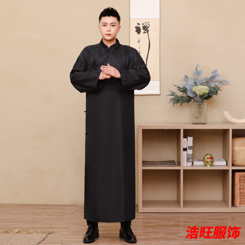 口旋男士旗袍民國(guó)風(fēng)長(zhǎng)袍馬褂先生長(zhǎng)衫中式伴郎服德云社相聲男演出服裝 黑色 M (100-120斤)