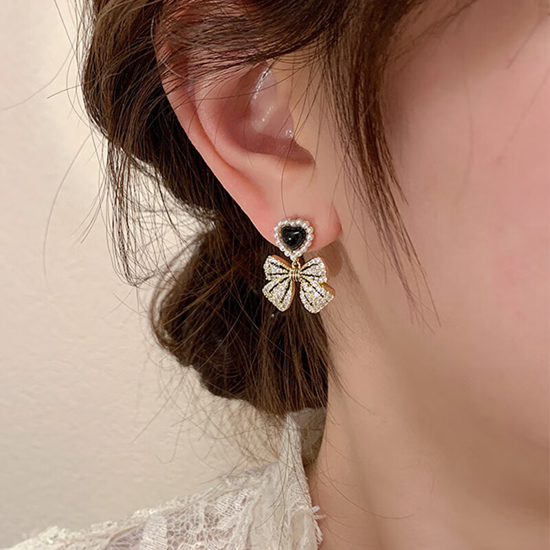 向晚 复古法式珍珠蝴蝶结耳环轻奢高级感耳饰 黑色爱心蝴蝶结耳环 