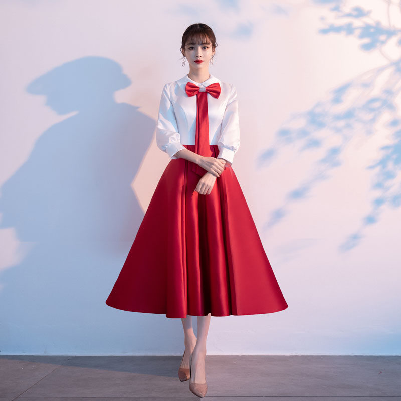 团演出服女2022新款学生诗朗诵演讲表演服装红歌团体比赛礼服 红色 l