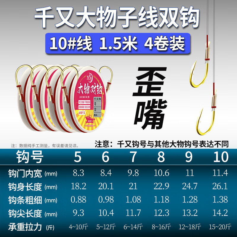 老刀綁好加強千又大物子線雙鉤青魚草魚加長行程珠珠玉米歪嘴成品對鉤 【10#線長1.5米4卷裝】千又歪嘴 魚鉤8號